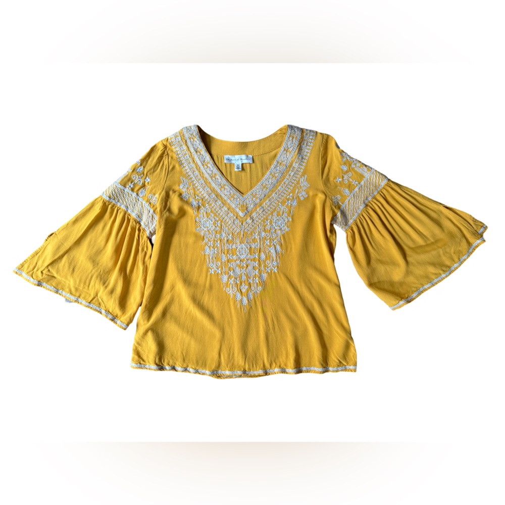 Chelsea & Theodore Yellow Embroidered Top Flare Sleeve V-Neck